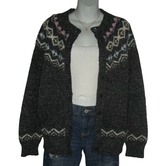 Idioms Sweater Vintage 90's Wool Blend Cardigan Fair Isle Ski Gray Pink Cottage - Picture 3 of 15